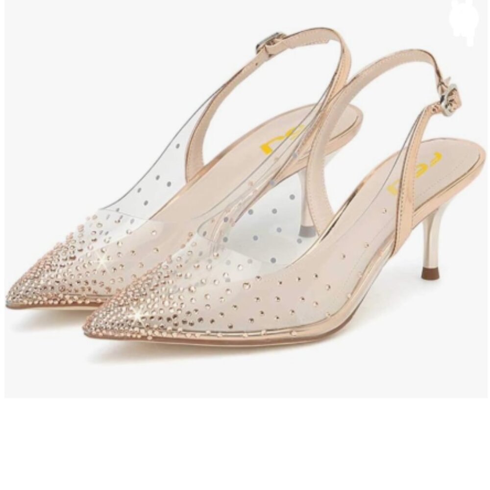 FSJ Champagne Crystal Studded Clear Pumps Sparkle Rhinestones Low Heel Sandals